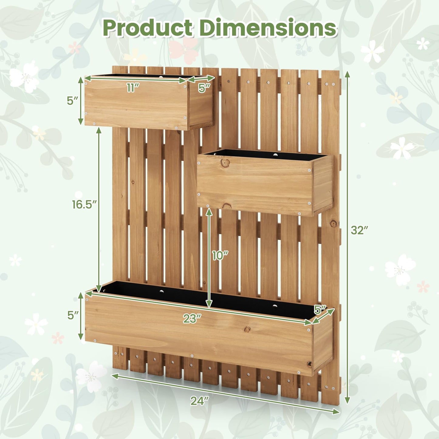 Giantex Wall-Mounted Raised Garden Bed w/Trellis Board, 3 Wooden Garden Boxes Set w/Drainage Hole, Fabric Liners, Hanging Hooks, Indoor Outdoor Decorative Planters for Fruit Vegetable Vine Flower