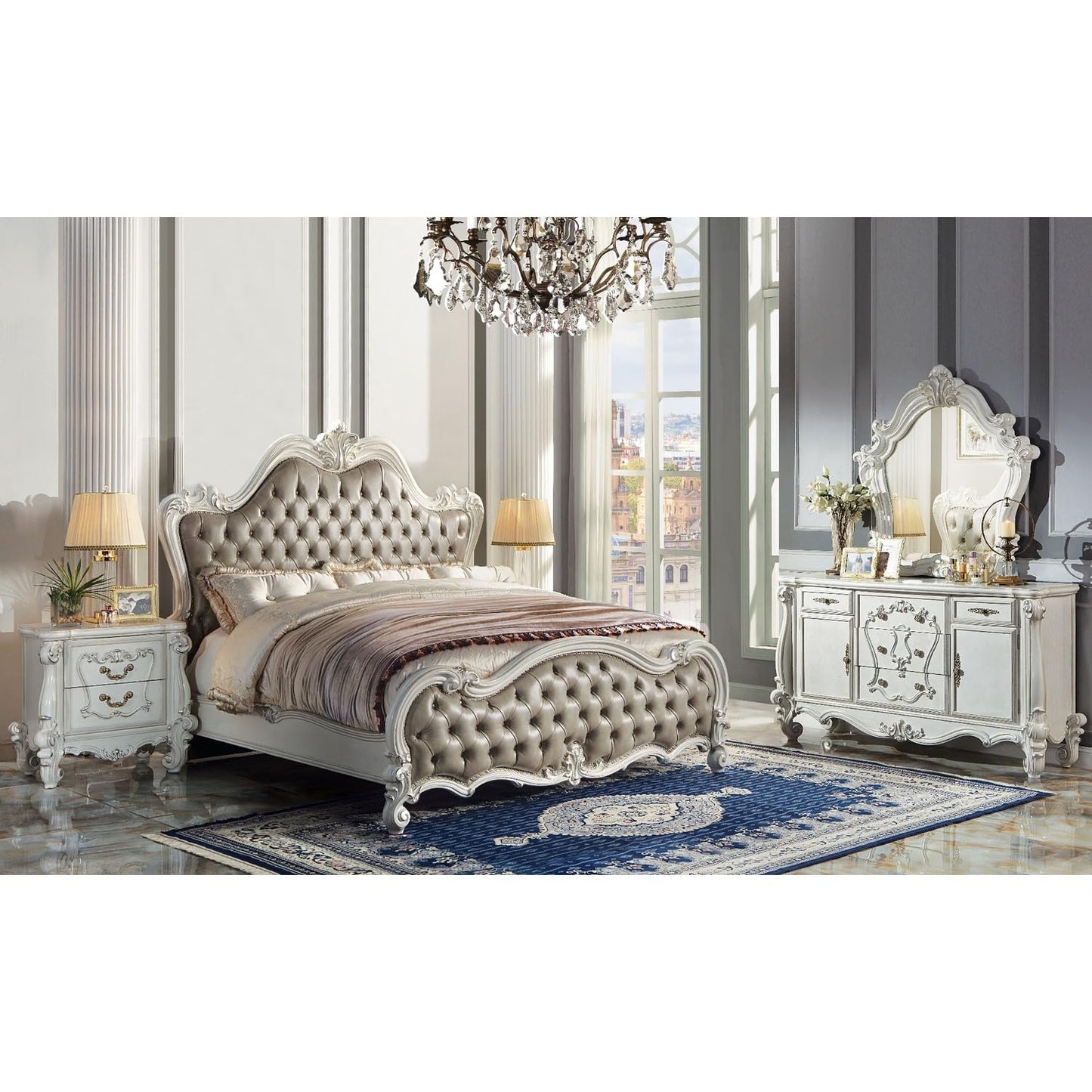 Acme Versailles II Queen Bed in Vintage Gray Polyurethane and Bone White - WoodArtSupply