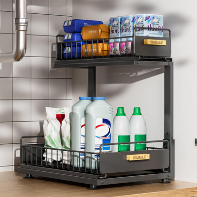 HOMEAILIE Under Sink Organizer, High Adjustable 2 Tier Under Kitchen Sink Organizer, Multi-Purpose Storage Shelf for Kitchen Bathroom Cabinet, Black
