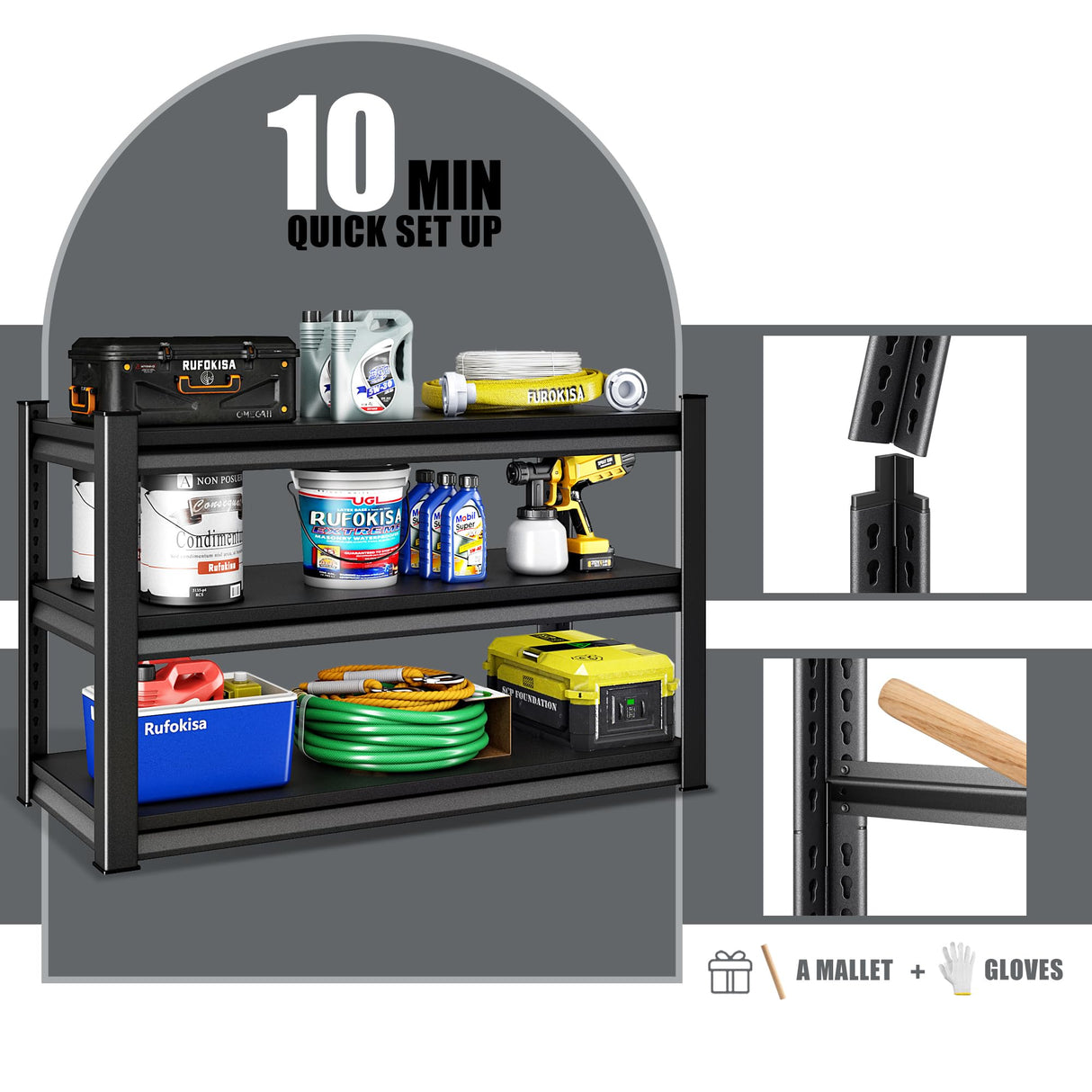 Rufokisa 48" W 3-Tier Garage Shelving Heavy Duty, 1680LBS Loads Garage Storage Shelves, Metal Shelving Units and Storage Racks, Industrial Utility Shelf Heavy Duty,48" Wx16 Dx39 H, Black Rufokisa