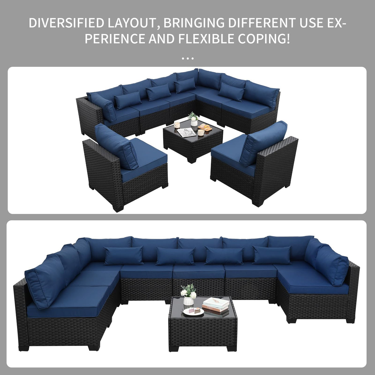 Rattaner 9 Pieces Outdoor Sectional All-Weather Wicker Patio Furniture Set Patio Sectional and Glass Patio Table Non-Slip Cushions and Waterproof Covers, Navy Blue Rattaner