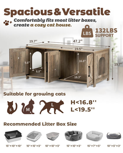 Upolana Cat Litter Box Enclosure, 48 inch Large Hidden Litter Box Furniture for 2 Cats, Double Wooden Kitty Litter Box Cabinet End Side Table, Greige