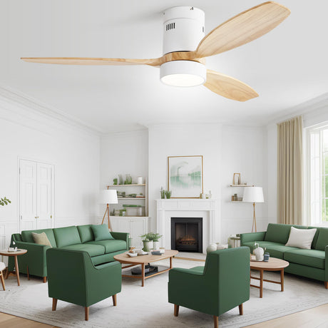 Sofucor 52 Inch Low Profile Ceiling Fan with Lights Remote Control Wood Blades Reversible DC Motor Modern Ceiling Fan for Kitchen, Bedroom, Basement, Dining, Living Room(white+wood color) Sofucor