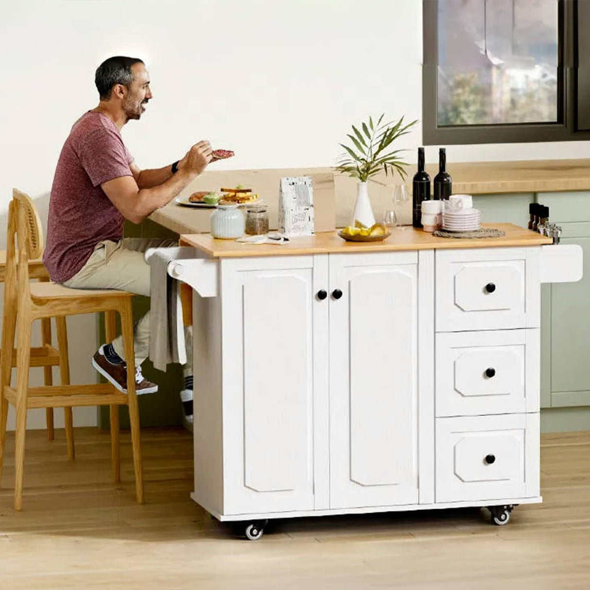 infurnic Kitchen Island with Storage, Rolling Kitchen Island Cart with Drop Leaf, Storage Drawers, Spice Rack, and Towel Rack for Kitchen and Dining Room, White infurnic