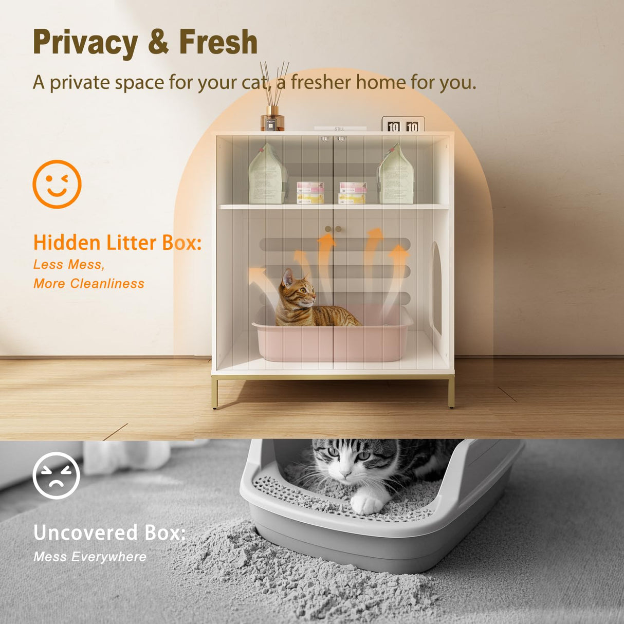 Convend Stylish Cat Litter Box Enclosure, Modern Hidden Litter Box Furniture with Tall Legs, Side Entrance, and Dual Use as End Table for Living Room or Bedroom (White & Gold) Convend