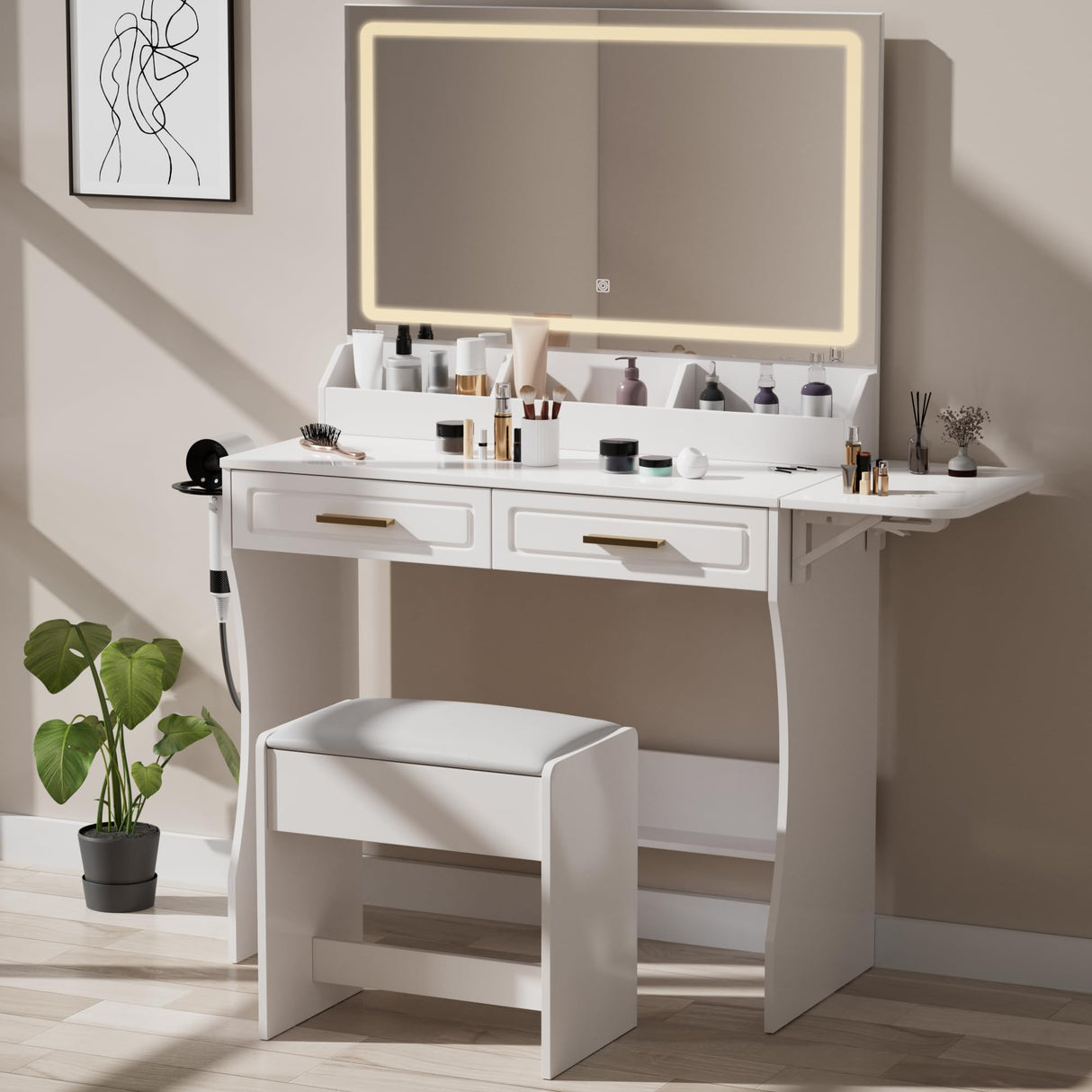 Homesflex Modern White Makeup Vanity Desk with Adjustable Lights, Mirror, and Storage - Complete Vanity Set with Drawers, Shelves, and Stool Homesflex