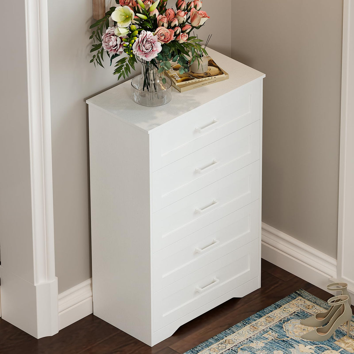 Welfuturer White 5 Drawer Wood Dresser for Bedroom Modern Wooden Chest of Drawers Storage Cabinet and Organizer Drawers for Closet, Nursery, Entryway, Girls Room, Kids Room, Hallway, Living Room Welfuturer