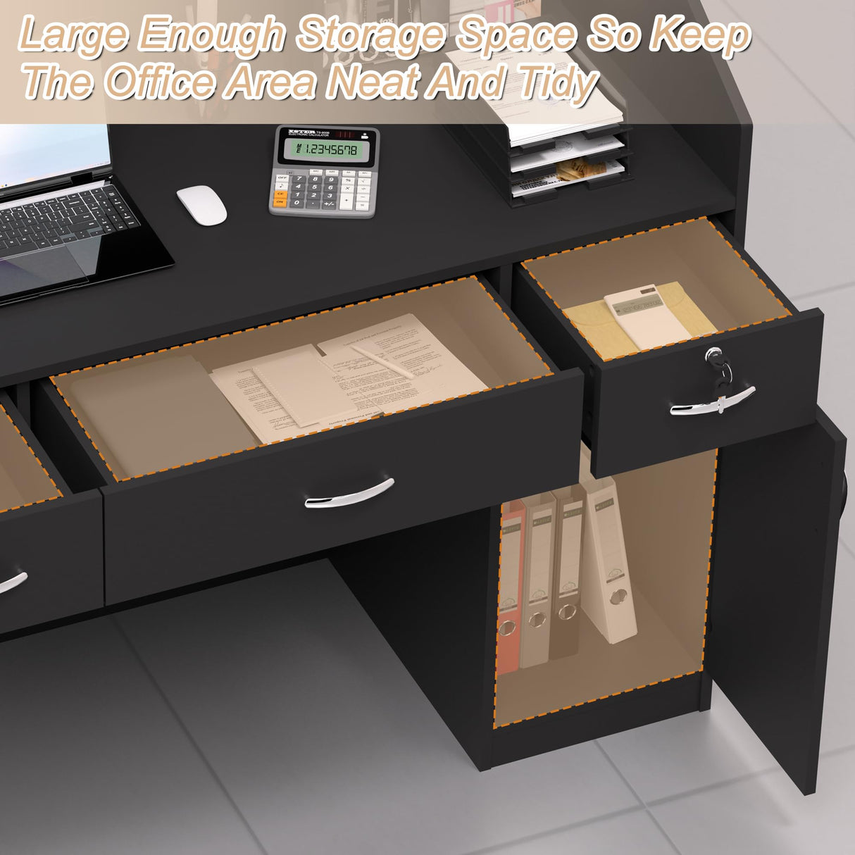 Spurgehom Reception Desk with Counter, Modern Front Table Equipped Lockers & Storage Shelves, 48-inch Checkout Counter with DIY Stripe for Lobbies, Salons, Retail, Home Offices, Reception Room Spurgehom