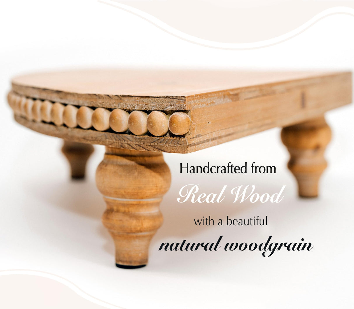 Corner Pedestal Stand Rustic Decor Riser for Display - Farmhouse Wood Rounded Beaded Tray for Kitchen and Bathroom Countertop Organizer, Coffee Bar, Plant Stand with Removable Feet (Rustic White) Felt Creative Home Goods