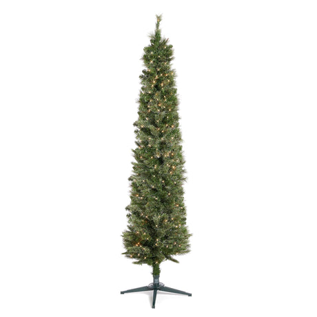Home Heritage Stanley 7 Foot Skinny Pencil Pine Pre-Lit Artificial Christmas Tree Holiday Decor with 350 White Clear Lights and Stand, Green Home Heritage