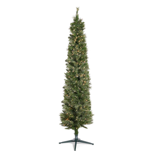 Home Heritage Stanley 7 Foot Skinny Pencil Pine Pre-Lit Artificial Christmas Tree Holiday Decor with 350 White Clear Lights and Stand, Green