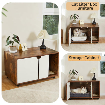 Cat Litter Box Enclosure,Hidden Litter Box Furniture with Double-Layer Litter Mat，Modern Cat Litter Box Furniture,Enclosed Cat Litter Boxes,Cat Furniture Cabinet,Rustic Brown