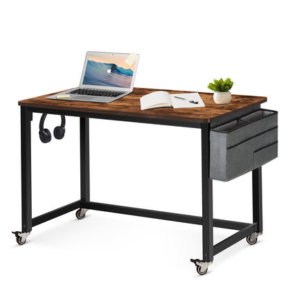 AHB 47" Rolling Computer Desk with 4 Smooth Wheels and 3 Iron Hooks, Simple Style Mobile Writing Desk Home Office Study Table Movable Workstation with Metal Frame