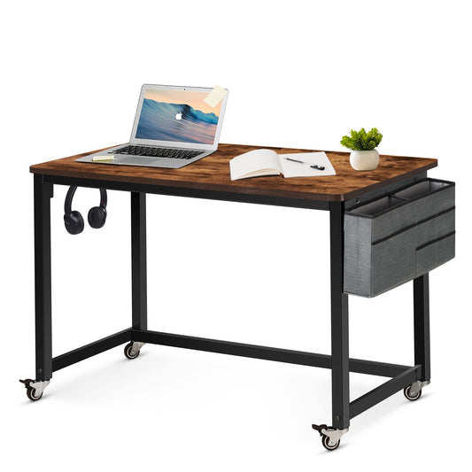 AHB 47" Rolling Computer Desk with 4 Smooth Wheels and 3 Iron Hooks, Simple Style Mobile Writing Desk Home Office Study Table Movable Workstation with Metal Frame