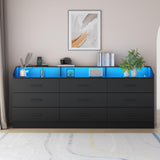 Gyfimoie 9 Drawers Dresser for Bedroom with Power Outlet, Chest of Drawers with LED Light, Modern Dressers with Open Storage Cubby, Triple Wide Dressers Organizer for Living Room (Black-) Gyfimoie