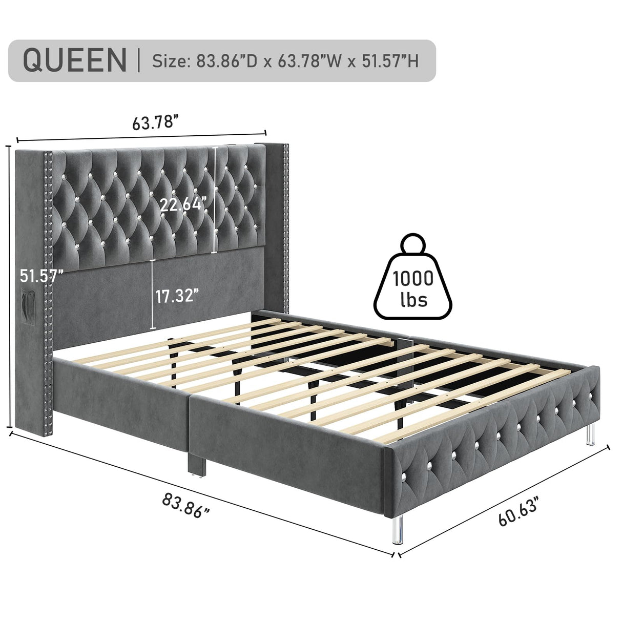 Hlivelood Queen LED Upholstered Bed Frame with Wingback Headboard, Velvet Diamond Button Tufted Bed Frame w/USB&Type-C Ports, Pocket and LED Lights, Wood Slats Support, No Box Spring Needed, Dark Grey Hlivelood