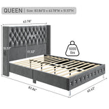 Hlivelood Queen LED Upholstered Bed Frame with Wingback Headboard, Velvet Diamond Button Tufted Bed Frame w/USB&Type-C Ports, Pocket and LED Lights, Wood Slats Support, No Box Spring Needed, Dark Grey Hlivelood