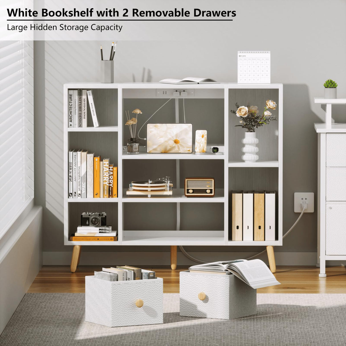 Furologee White Cube Shelf with 2 Drawers, 42inch Triple Wide Bookshelf with Power Outlets and LED Lights, 4-Tier Wood Bookcase Freestanding with Legs, Large 8 Cube Organizer for Bedroom, Living Room Furologee