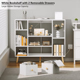 Furologee White Cube Shelf with 2 Drawers, 42inch Triple Wide Bookshelf with Power Outlets and LED Lights, 4-Tier Wood Bookcase Freestanding with Legs, Large 8 Cube Organizer for Bedroom, Living Room Furologee