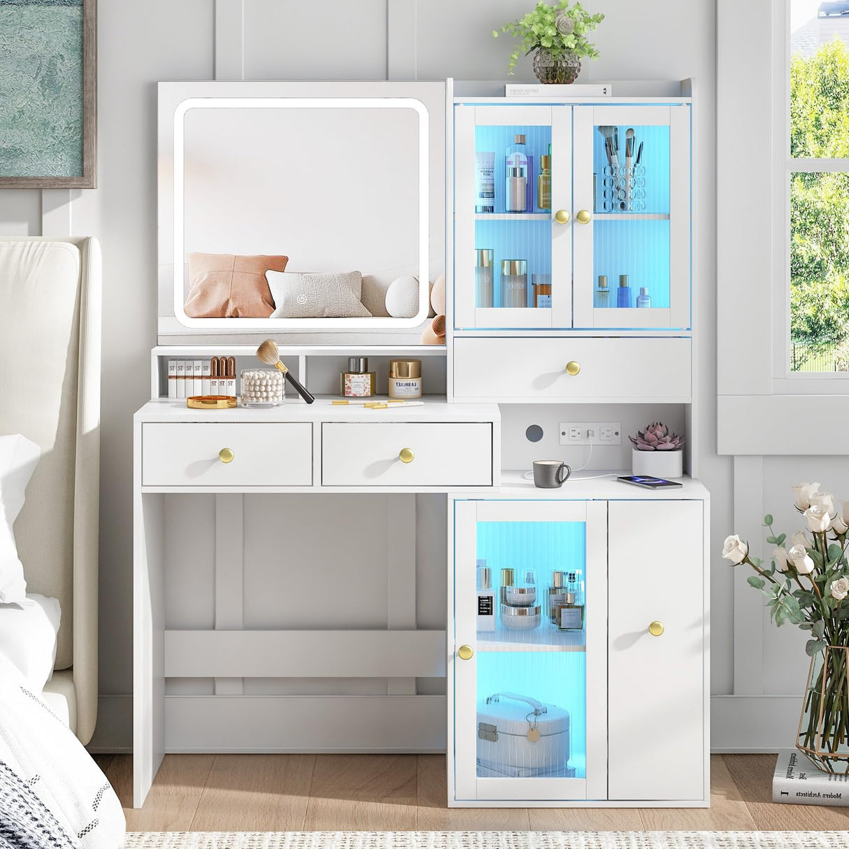 Fameill Makeup Vanity Desk with Mirror and Lights, White Makeup Vanity with 4 Drawers and Charging Station, Vanity Table with RGB Cabinet, Dressing Table for Bedroom Fameill