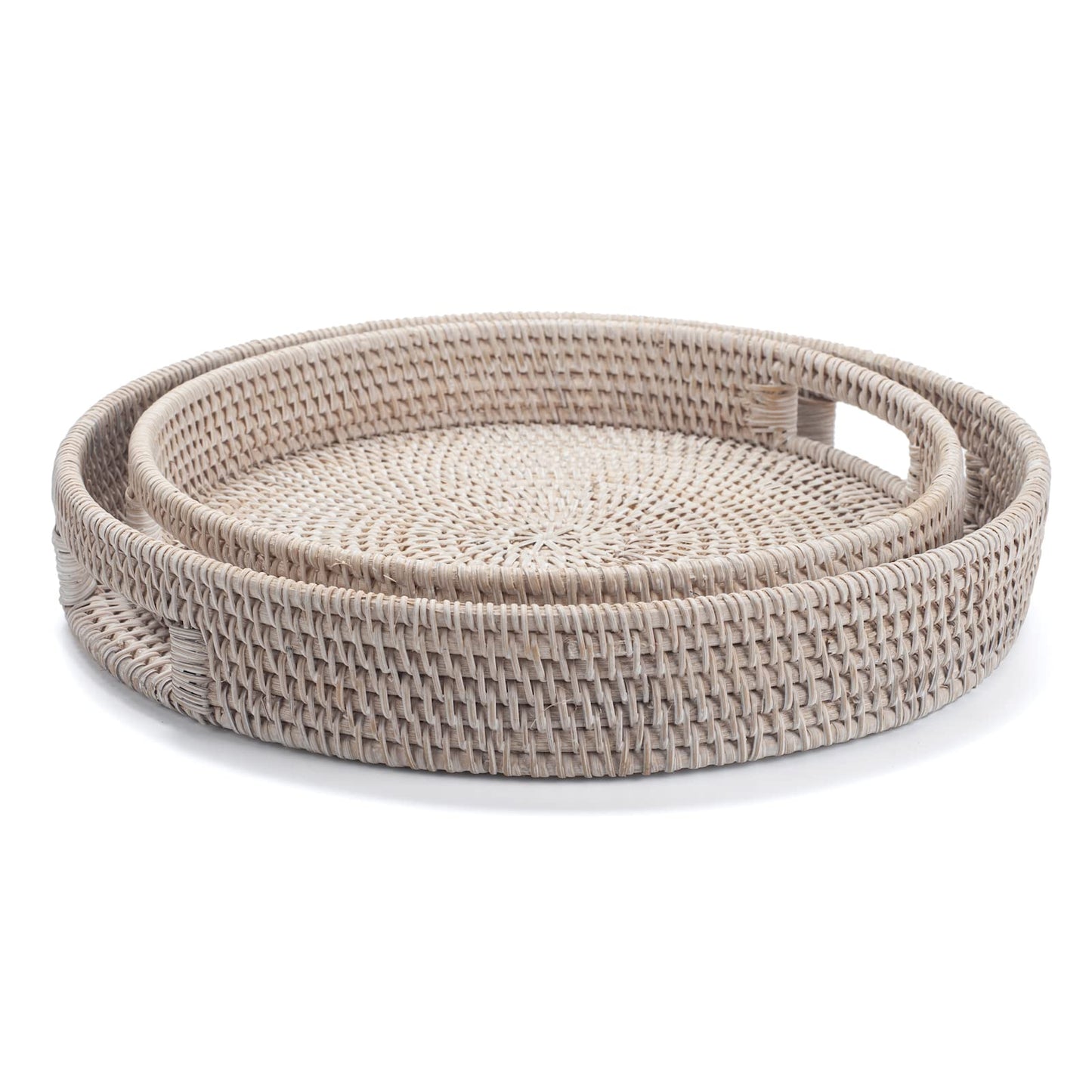 13.8 inch Round Rattan Tray, Decorative Coffee Table Tray, Ottoman Tray, Woven Serving Tray with Handles, Wicker Serving Basket, Whitewash