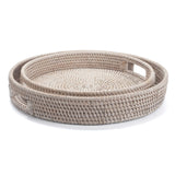 13.8 inch Round Rattan Tray, Decorative Coffee Table Tray, Ottoman Tray, Woven Serving Tray with Handles, Wicker Serving Basket, Whitewash YANGQIHOME