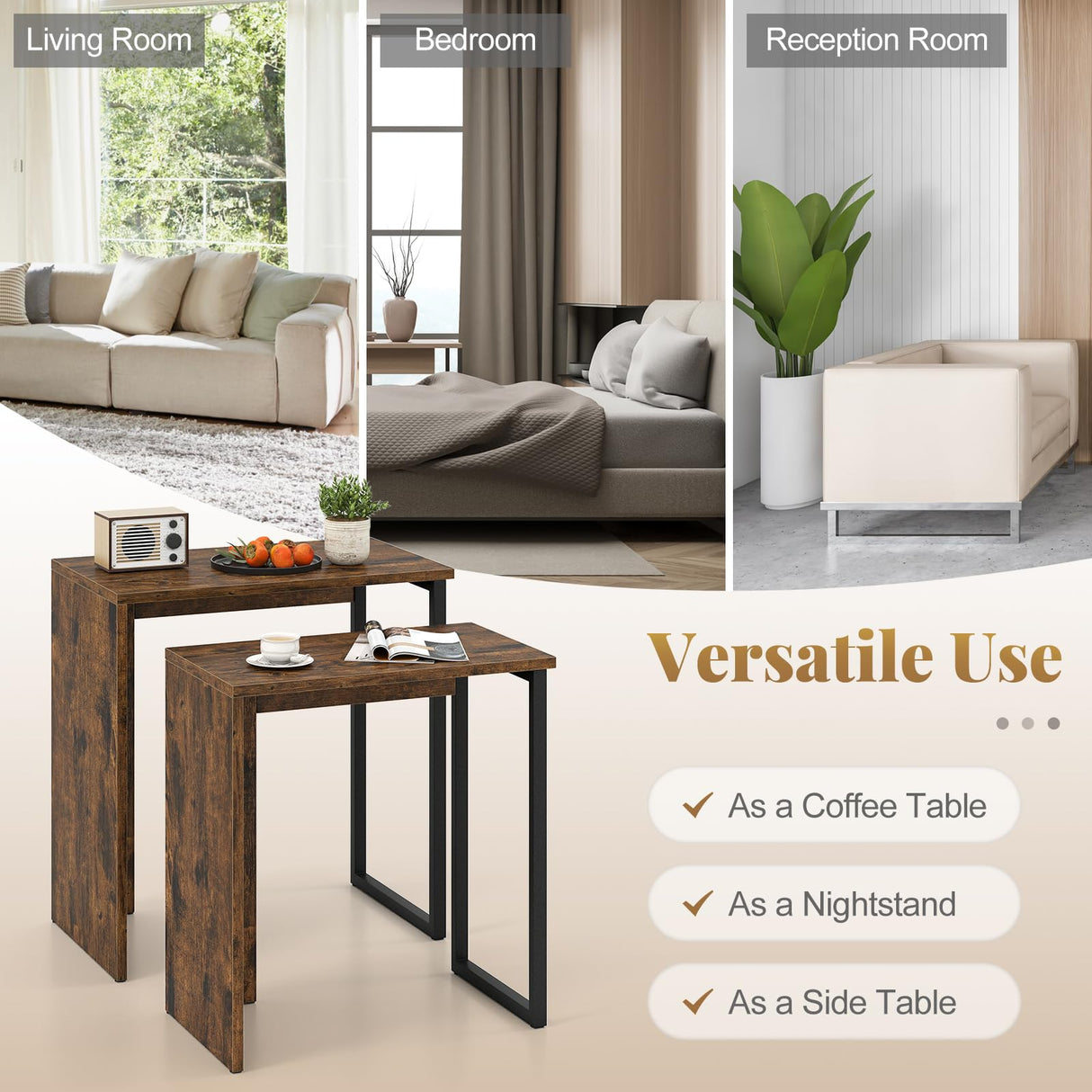 Giantex Nesting Coffee Table Set of 2, Rectangular Stackable Side Tables with Sturdy Metal Frames, Modern Nesting End Tables for Living Room, Bedroom, Rustic Brown Giantex