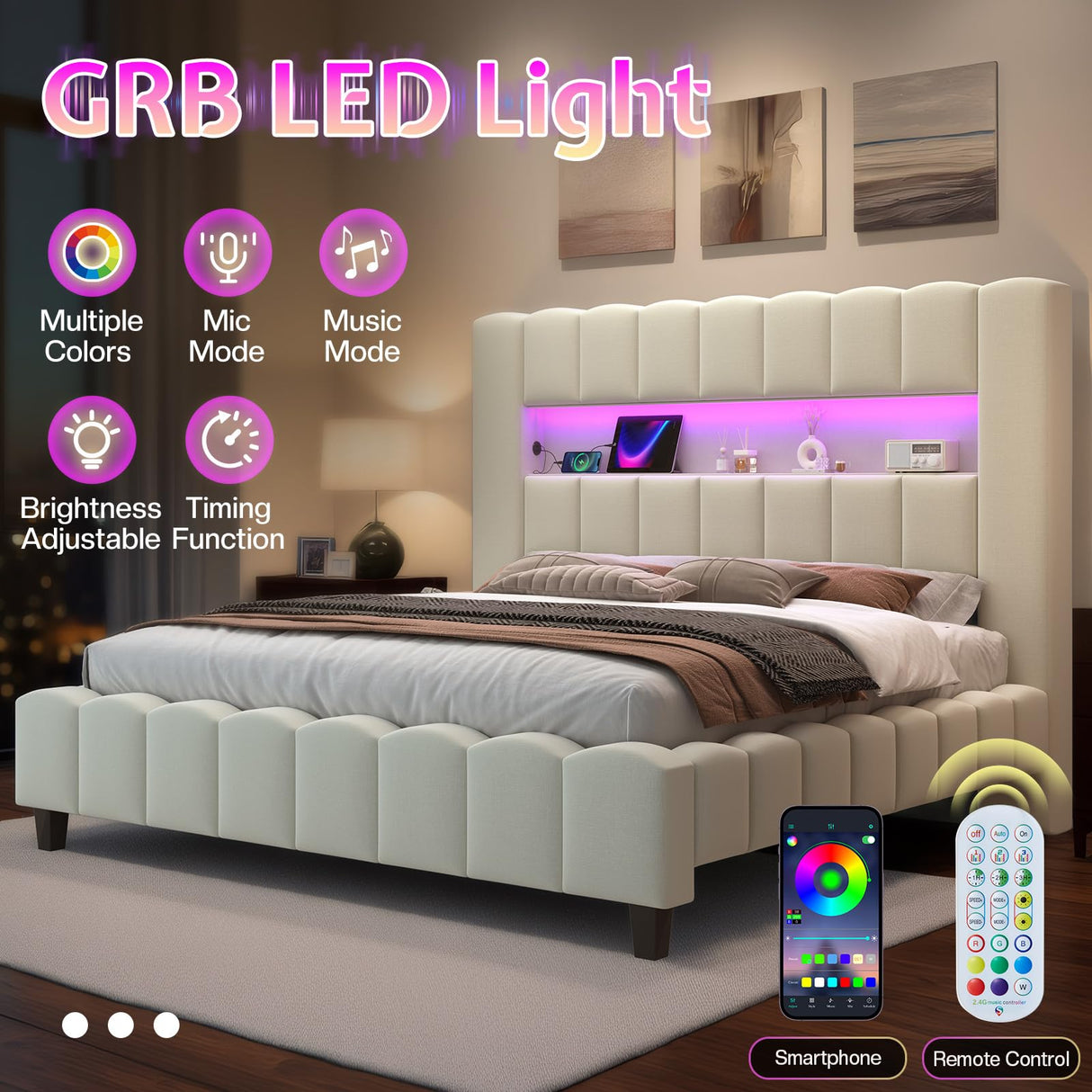 Jocisland King Bed Frame with 51.2" Tall Headboard, LED Lights & Charging Station, Velvet Upholstered Platform, No Box Spring Required, Cream Jocisland