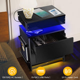 LAINELAND Night Stand Set 2,Nightstand with Charging Station,Induction Light and LED Light,Bedside Table with Drawers,Modern Nightstand End Side Table for Bedroom,Nightstands with Bookshelf,Black LAINELAND