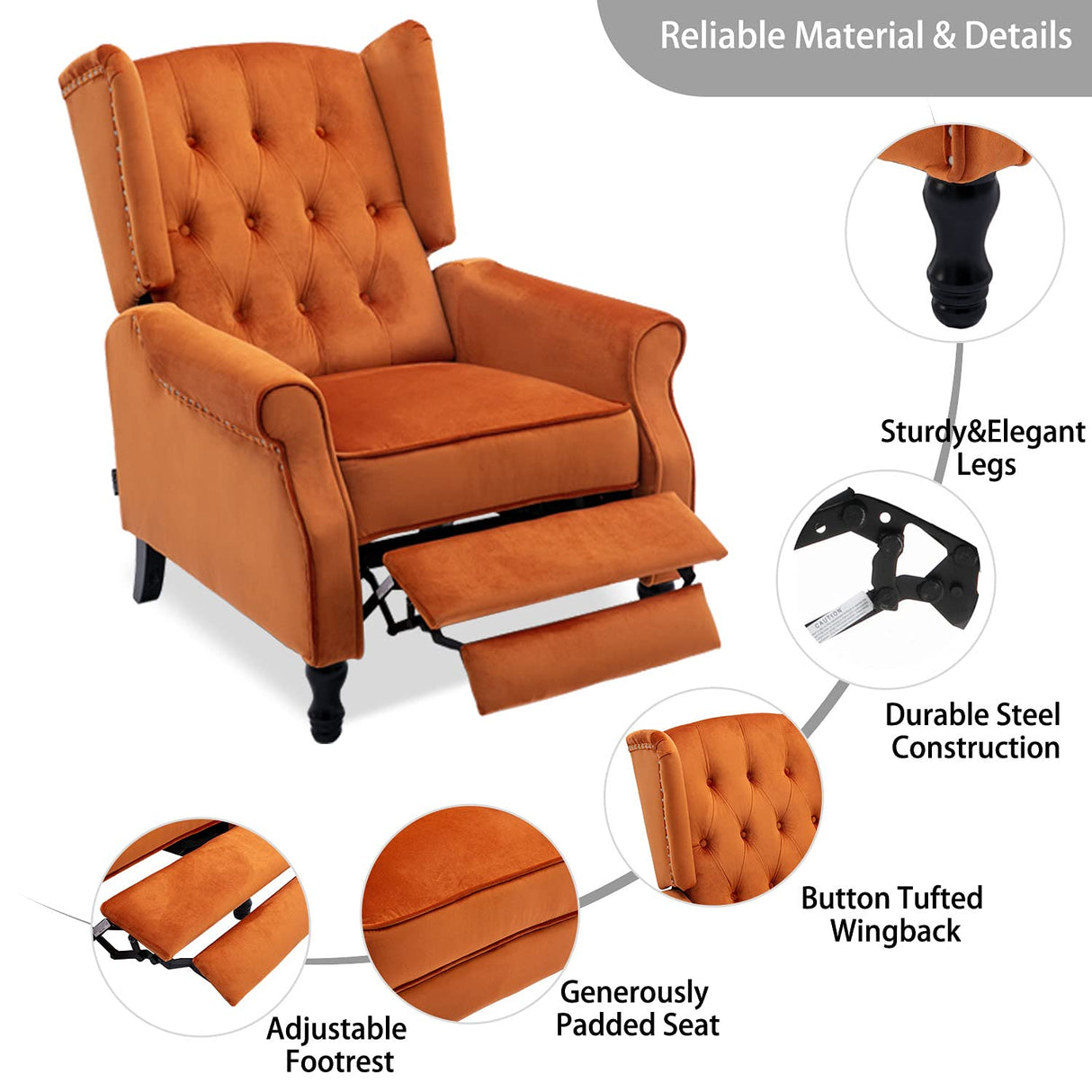 Altrobene Velvet Accent Chair, Push Back Recliner Chair, Wingback Arm Chair for Living Room/Bedroom/Home Theater/Reception Area, Caramel Altrobene
