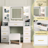 BORNOON Makeup Vanity with LED Light Strip Mirror and Chair, 7 Drawers & 2 RGB Cabinets White Vanity Makeup Desk with Power Strip, Adjustable LED Lighting, and Cushioned Stool for Women, Girls, Teens BORNOON