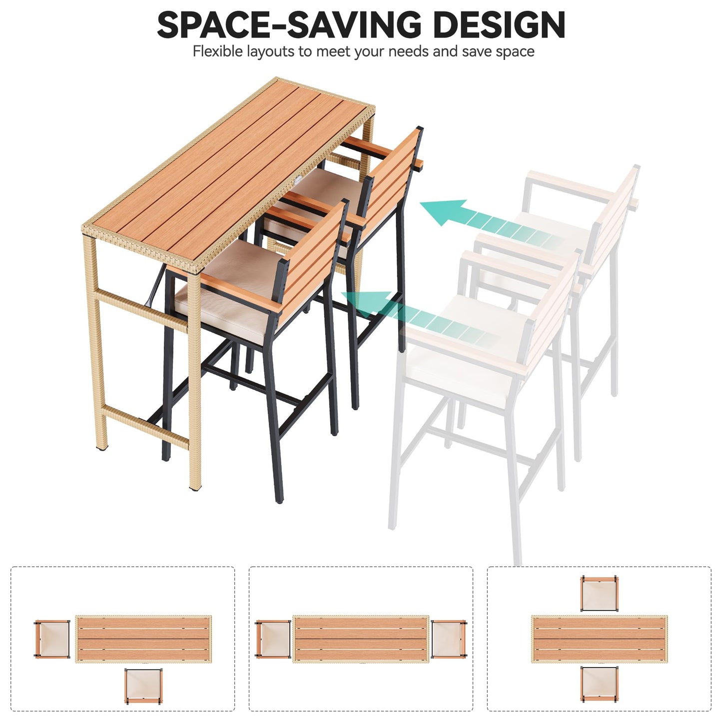 YITAHOME Light Brown 3-Piece Outdoor Wicker Patio Bar Set with Plastic Wood Tabletop - WoodArtSupply