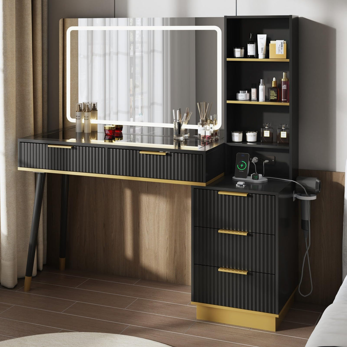 LUXOAK 54" Tall Vanity Desk with 35" W x 24" H Large Mirror and Lights, Large Makeup Vanity Table with 5 Drawers, 3 Shelves and Charging Station, Glass Top Desk for Bedroom, Dressing Room, Black LUXOAK