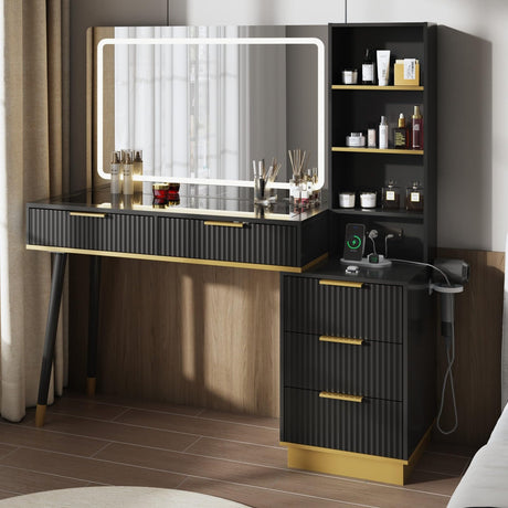 LUXOAK 54" Tall Vanity Desk with 35" W x 24" H Large Mirror and Lights, Large Makeup Vanity Table with 5 Drawers, 3 Shelves and Charging Station, Glass Top Desk for Bedroom, Dressing Room, Black LUXOAK