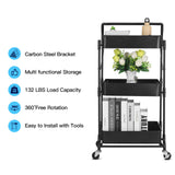 johgee Foldable 3 Tier Metal Utility Rolling Cart, Folding Mobile Multi-Function Storage Trolley Organizer Cart for Home Library Office(Black) johgee