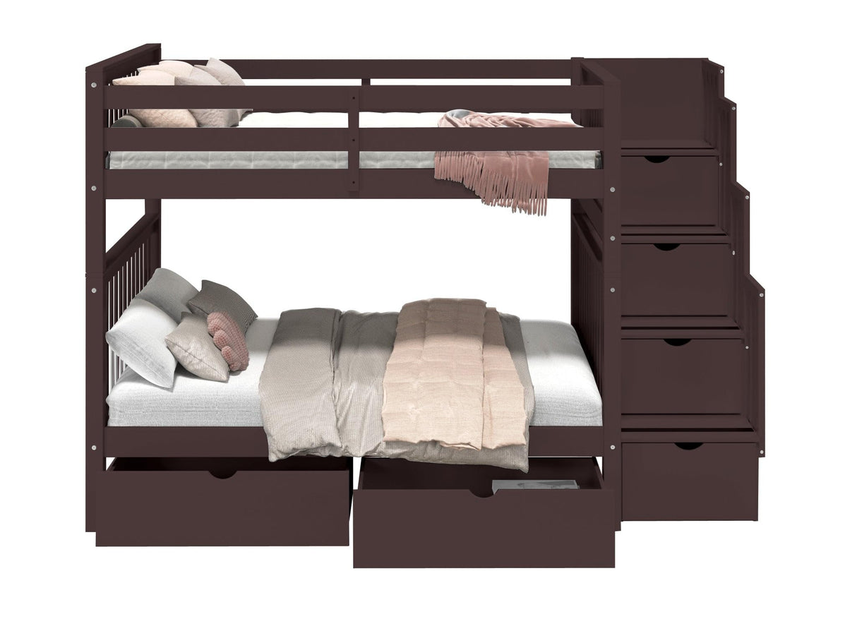 Bedz King Stairway Bunk Beds Full Over Full with 4 Drawers in The Steps and 2 Under Bed Drawers, Dark Cherry Bedz King