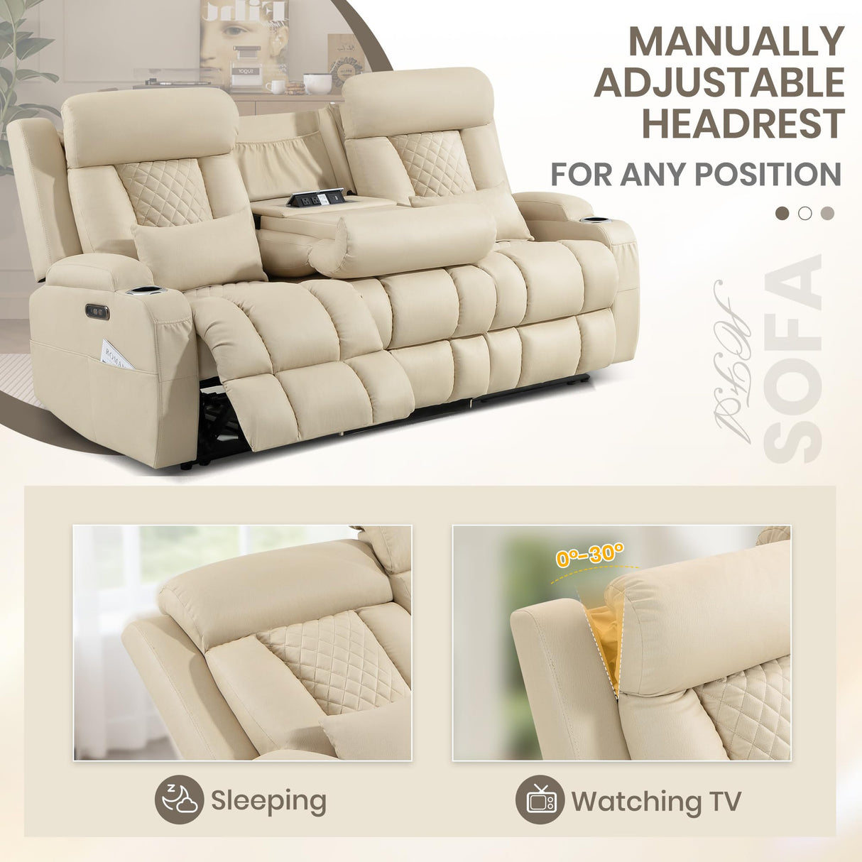 CALIVIA Wall Hugger Power Reclining Sofa with Manual Adjustable Headrests, Electric Recliner Couch with Drop-Down Table, Power Recliner Sofa 3-Seater with Charging Ports for Living Room (Beige) CALIVIA