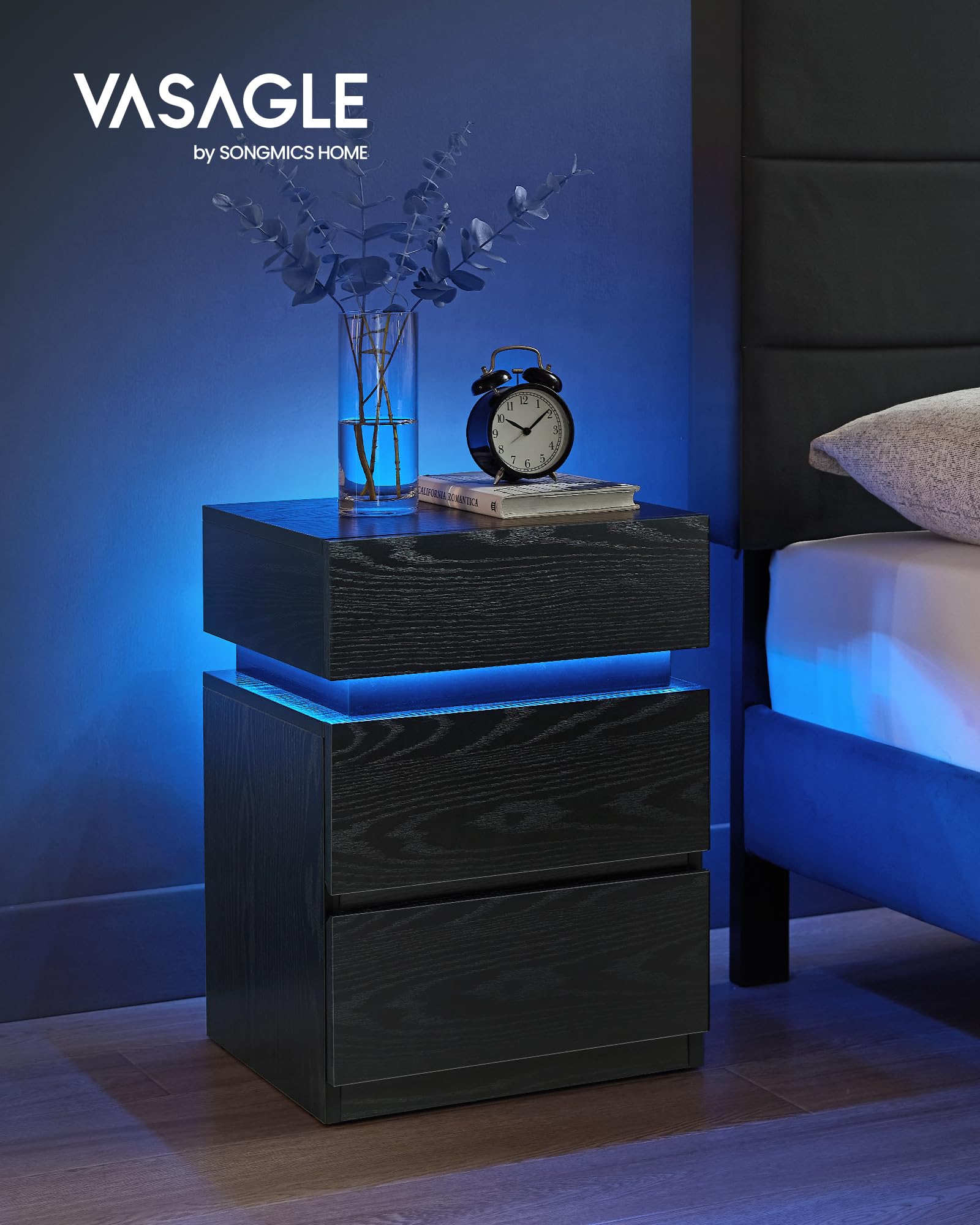 VASAGLE Nightstand with LED Lights, Adjustable Light Colors, Bedside Table, Side Table with 3 Drawers, Modern Style, 13.8 x 15.7 x 21.7 Inches, Ebony Black ULET630T58 - WoodArtSupply