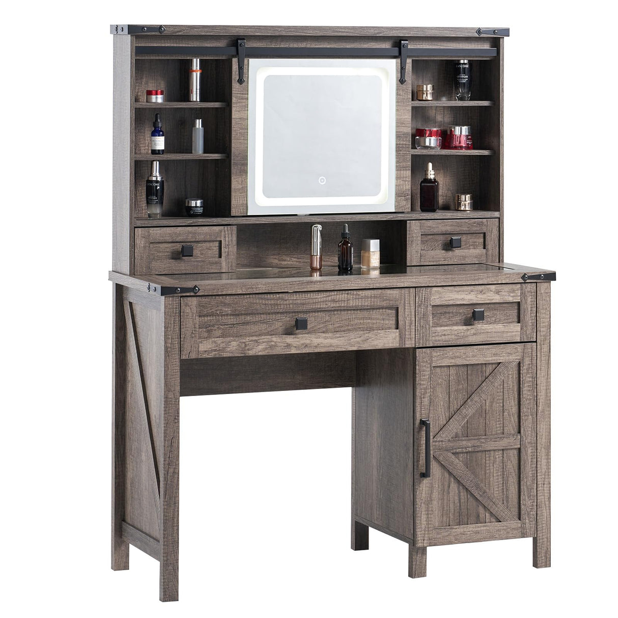 AMERLIFE 42'' Farmhouse Makeup Vanity Desk with Sliding Mirror and Lights, Glass Tabletop Vanity Table with 2 Drawers & Shelves for Bedroom, Light Rustic Oak AMERLIFE