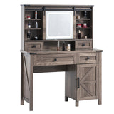 AMERLIFE 42'' Farmhouse Makeup Vanity Desk with Sliding Mirror and Lights, Glass Tabletop Vanity Table with 2 Drawers & Shelves for Bedroom, Light Rustic Oak AMERLIFE