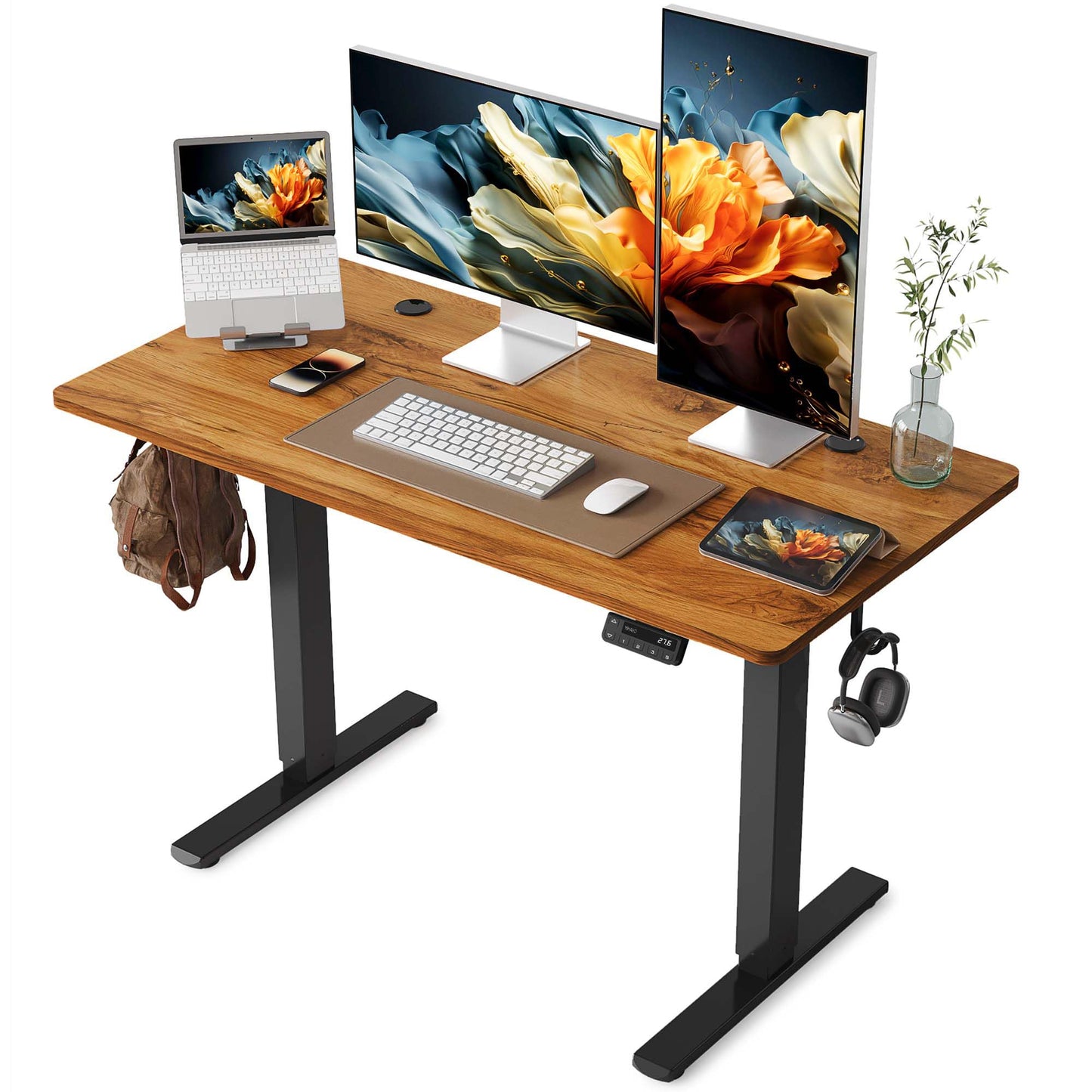 YIHAYO Adjustable Standing Desk, Electric Desk, 48 x 24 Inches Stand Up Desk with Splice Board, Adjustable Height Desk, Computer Desk for Home Office, Black Frame/Rustic Brown Top