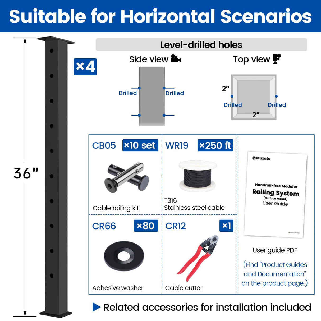 Muzata 15-20ft Complete Set 36" Cable Railing Post Kit Include 4Pack Black Posts PS02, 250ft Wire Rope, Swageless Cable Railing System DIY Kit (No Handrail) RWS2 BH4S Muzata