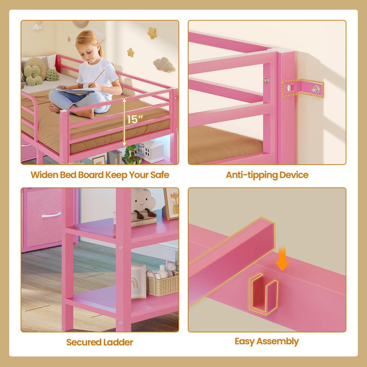 BTHFST Low Loft Bed Twin Size with 6 Storage Drawers, LED Lights, 2 Tier Storage Shelves, Kids Metal Loft Bed with 15" H Stairs & Safety Guardrail, Spave Saving, Pink BTHFST