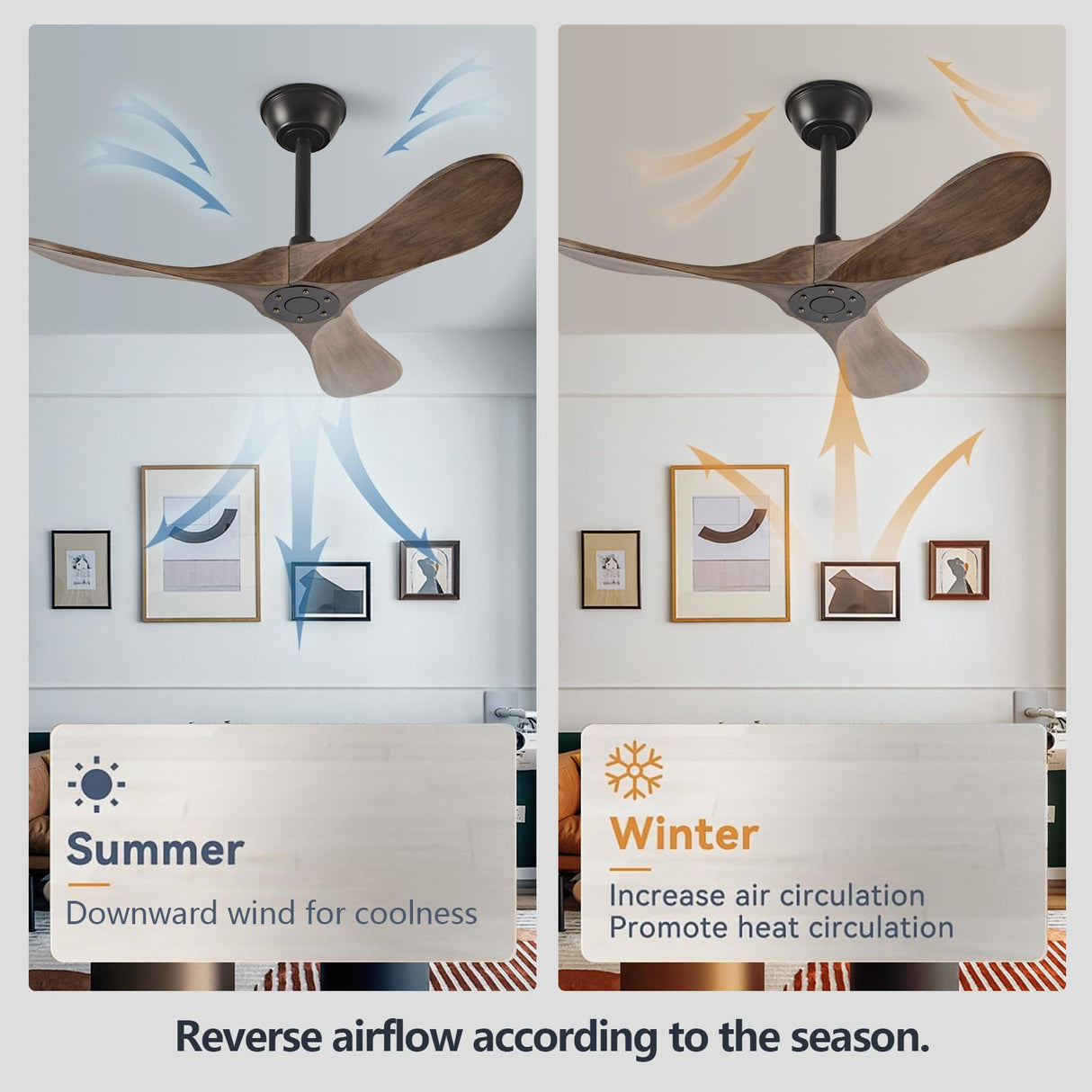 QWO 36" Outdoor Ceiling Fan No Light,Solid Wood Small Bedroom Ceiling Fans Without Lights, Outdoor Ceiling Fans For Patios, Porch and Living room,High Cfm DC 3 Blade Modern Ceiling Fan With Remote QWO