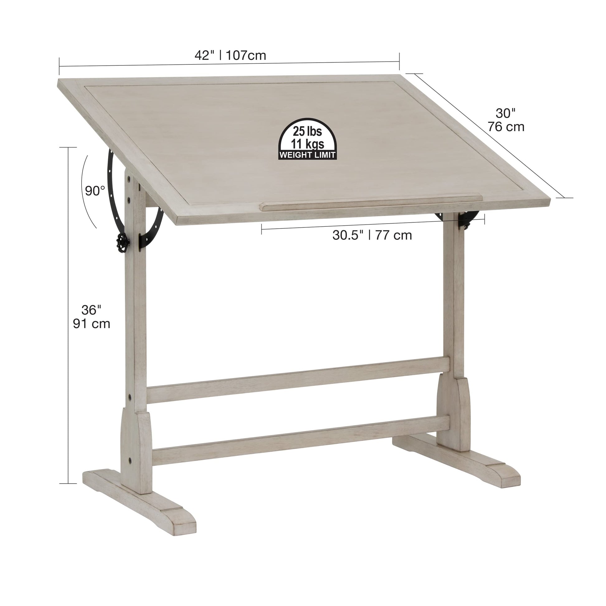 Studio Designs Wood Drawing/Drafting Table with Pencil Ledge - 42" W x 30" D - Whitewash - Tilting Top Adjustable Desk - WoodArtSupply