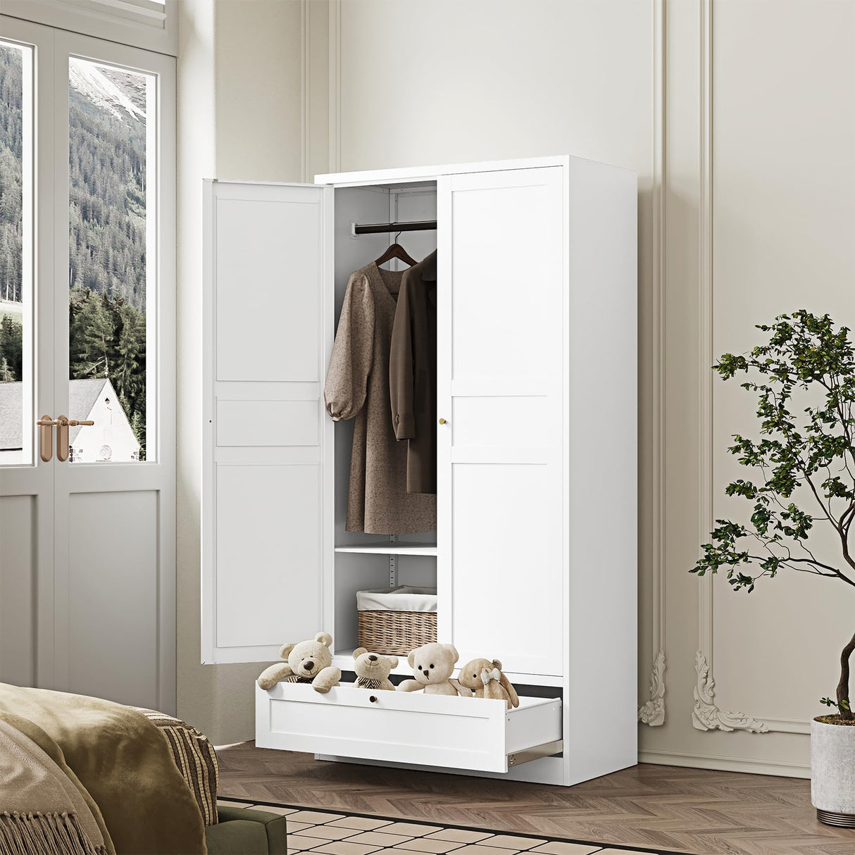 ZAOUS Metal Armoire Wardrobe Closet,72" Tall Wardrobe Cabinet with Drawer,2 Doors Armoire Storage Closet with Adjustable Shelves and Hanging Rod for Bedroom,White ZAOUS