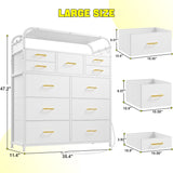 EnHomee White Dresser,11 Drawer Dresser for Bedroom with LED Lights & Charging Station, Fabric Dressers & Chest of Drawers,2 Tier Wooden Shelves, 4 Hooks, Dresser for Bedroom,Entryway,Sturdy Frame EnHomee