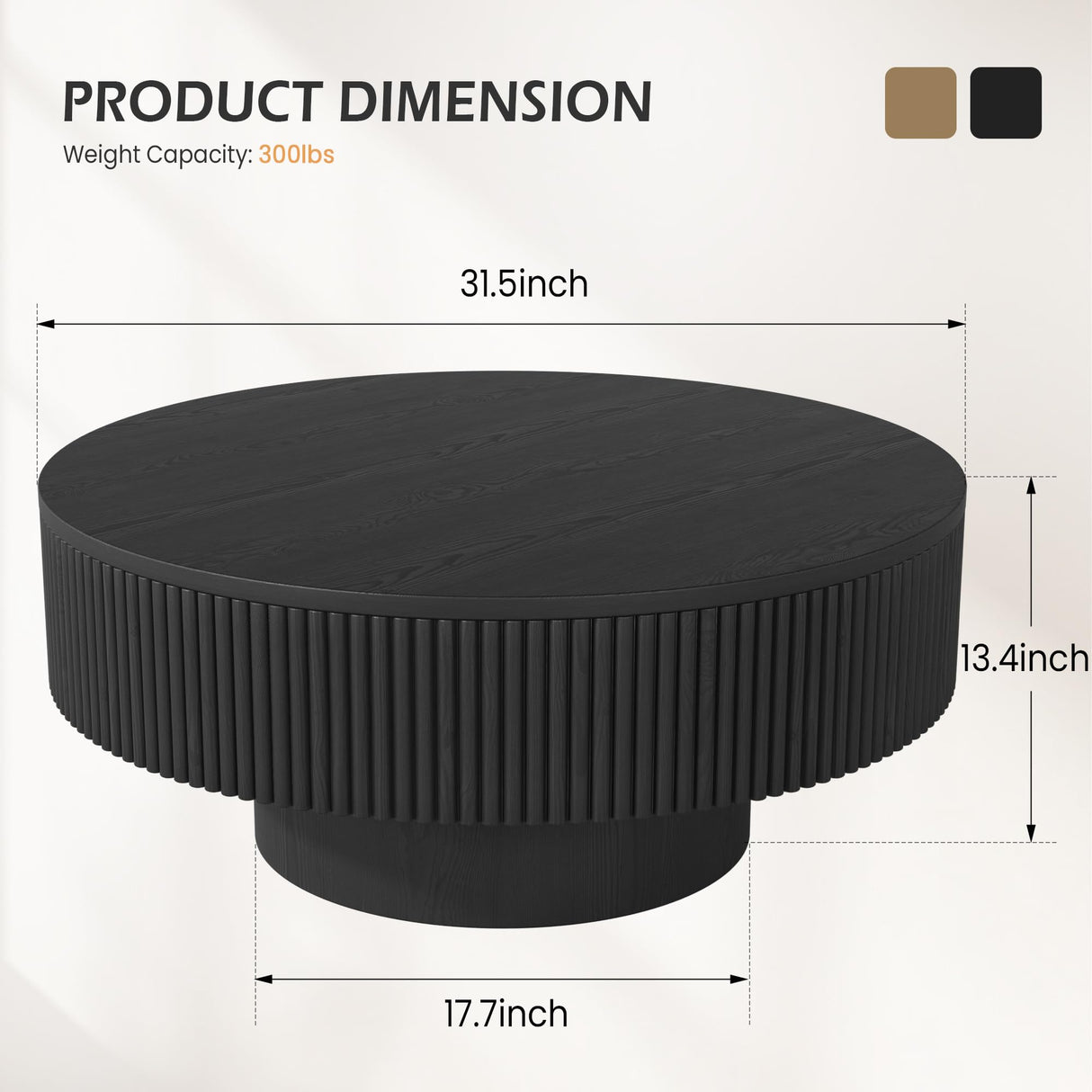 YOUDENOVA 31.5” Round Fluted Coffee Table, Modern Wood Circle Coffee Table, Veneer Handcrafted Relief Tea Table with Sturdy Pedestal for Living Room，Easy Assembly - Black YOUDENOVA