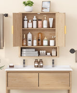 Rovaurx Fluted Medicine Cabinet with 2 Doors, Bathroom Wall Cabinet, Curved Profile Wall Mounted Cupboard with Adjustable Shelf, for Bathroom, Kitchen, Laundry Room, Natural Rovaurx