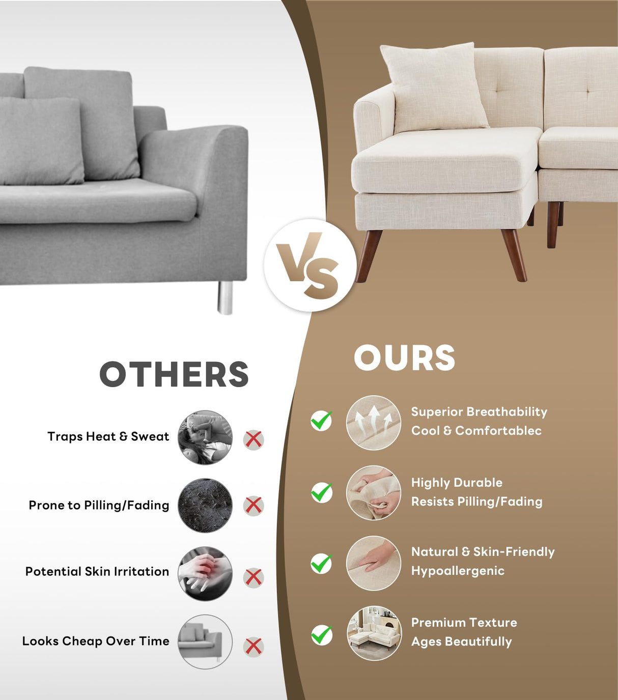 Tbfit L Shaped Couch Sofa, 80" W Mid-Century Modern Sectional Couches, 3 Seater Sofas with Wide Chaise Lounge & Two Pillows,Button Tufted Upholstered Sectional Sofa for Living Room, Bedroom, Beige Tbfit